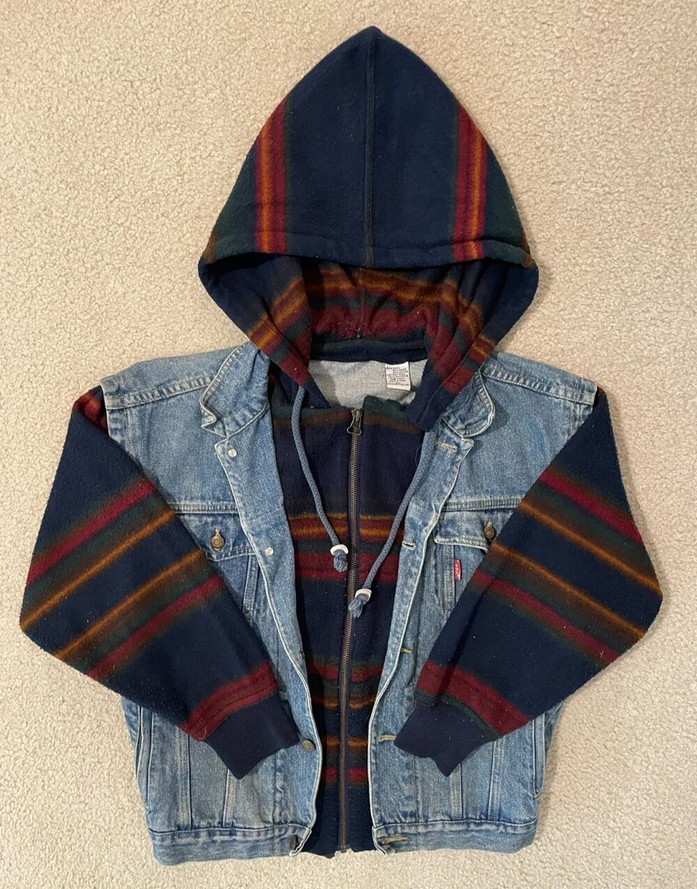 Vintage 90’s BUGLE BOY Denim Jean Jacket Built In Hoodie Grunge Skater Boys XL